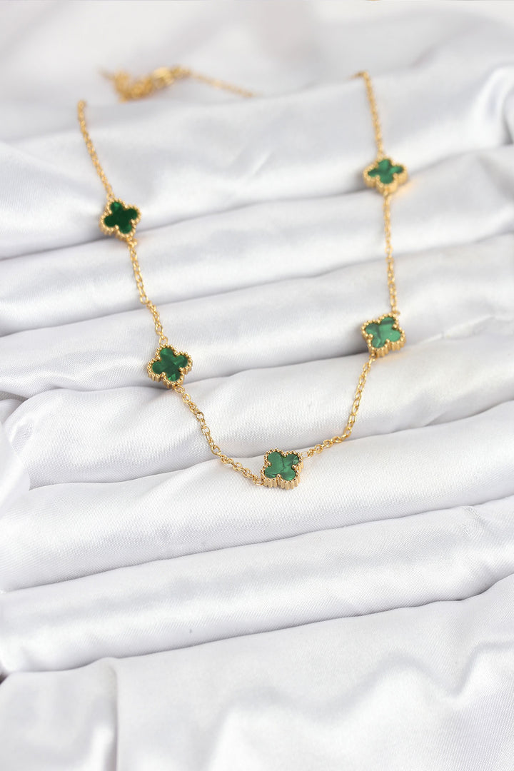 EBJ 316L Çelik Zincir Gold Renk Yeşil Baby Boy Yonca Kadın Kolye - Apan