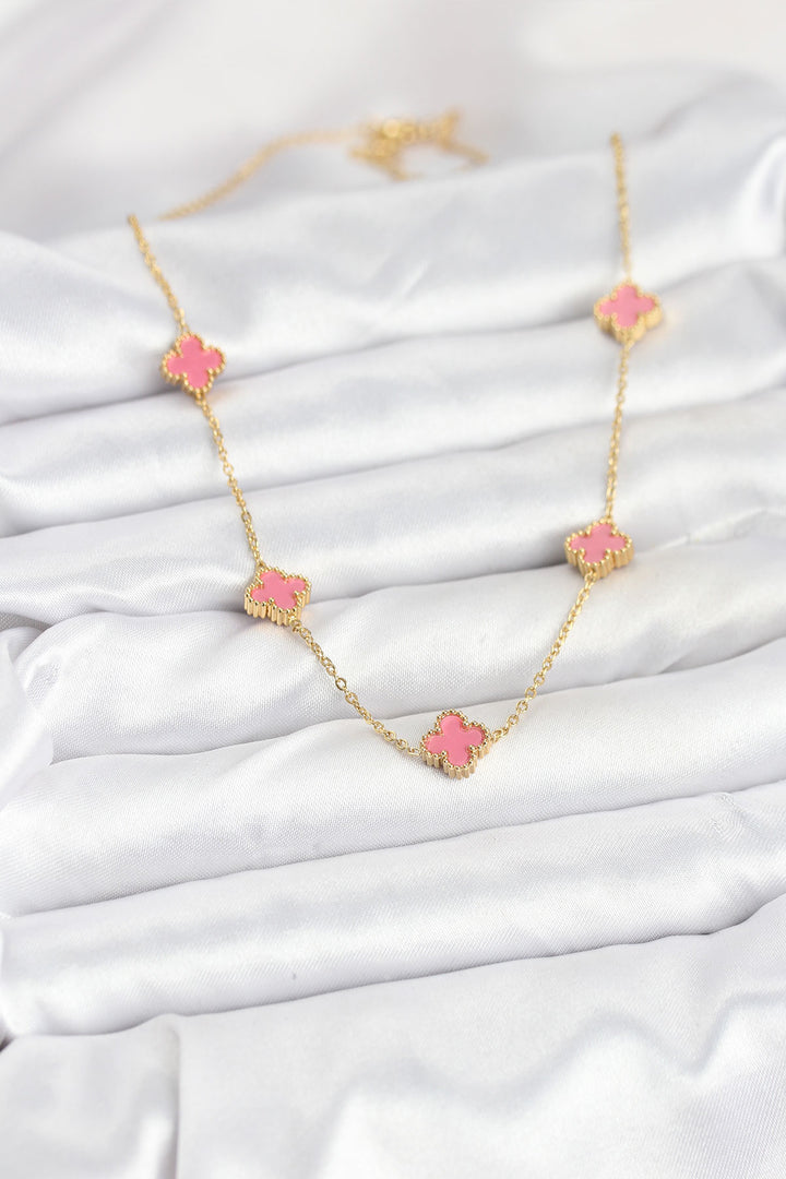 EBJ 316L Steel Chain Gold Color Pink Baby Boy Clover Women Necklace - Davis