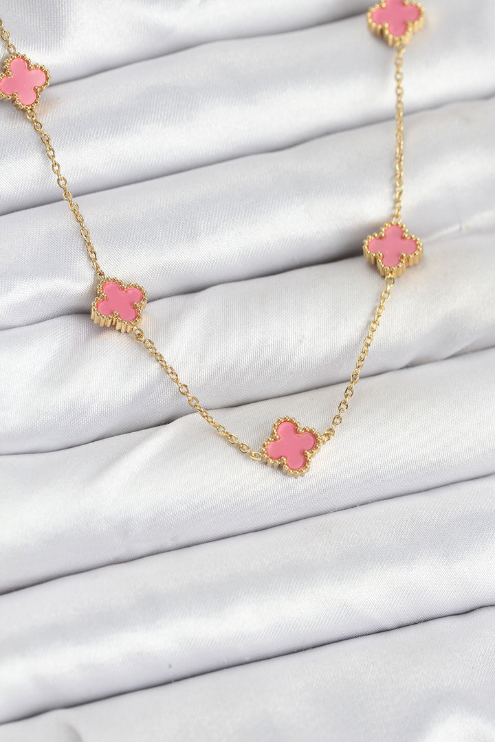 EBJ 316L Steel Chain Gold Color Pink Baby Boy Clover Women Necklace - Davis