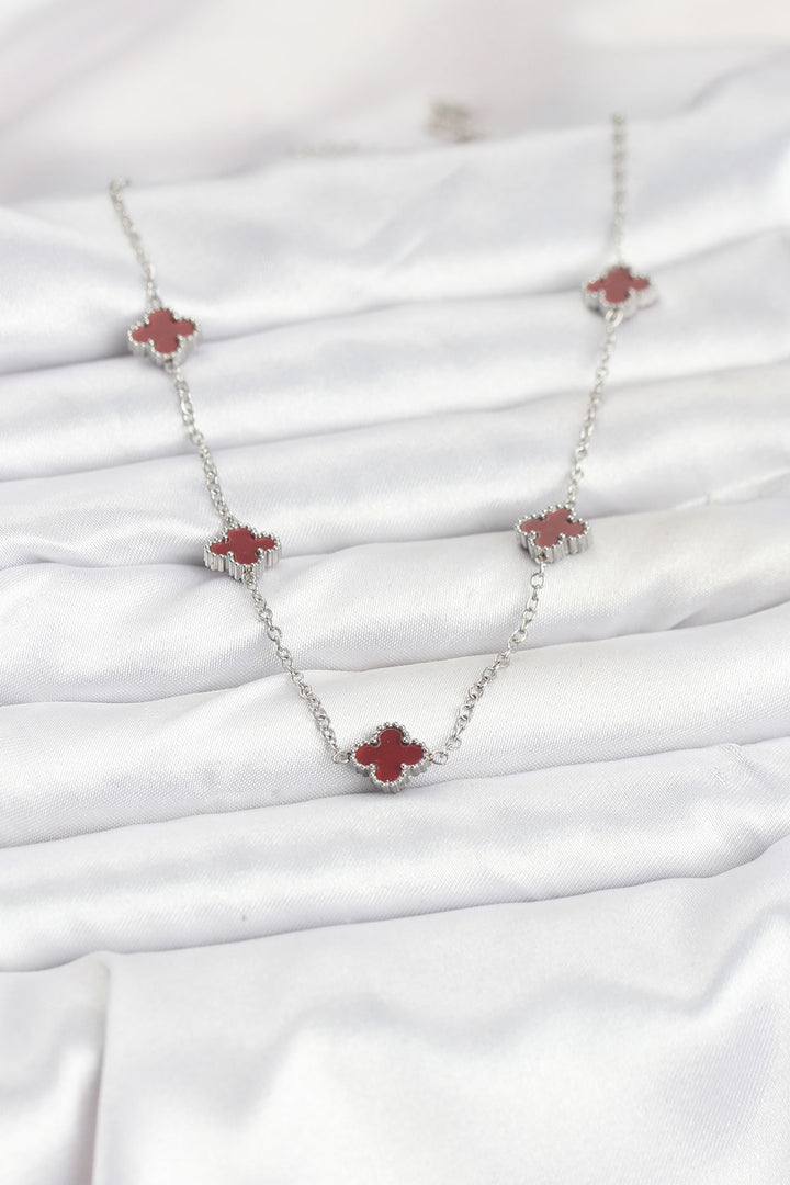 EBJ 316L Çelik Zincir Gümüş Renk Bordo Baby Boy Yonca Kadın Kolye - Weymouth