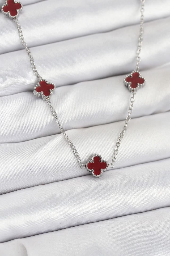 EBJ 316L Çelik Zincir Gümüş Renk Bordo Baby Boy Yonca Kadın Kolye - Weymouth