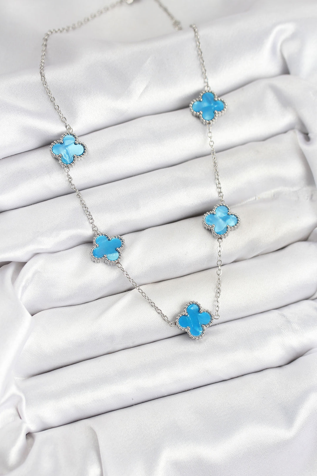 EBJ 316L Steel Chain Silver Ice Blue Color Clover Women's Necklace - Marseille