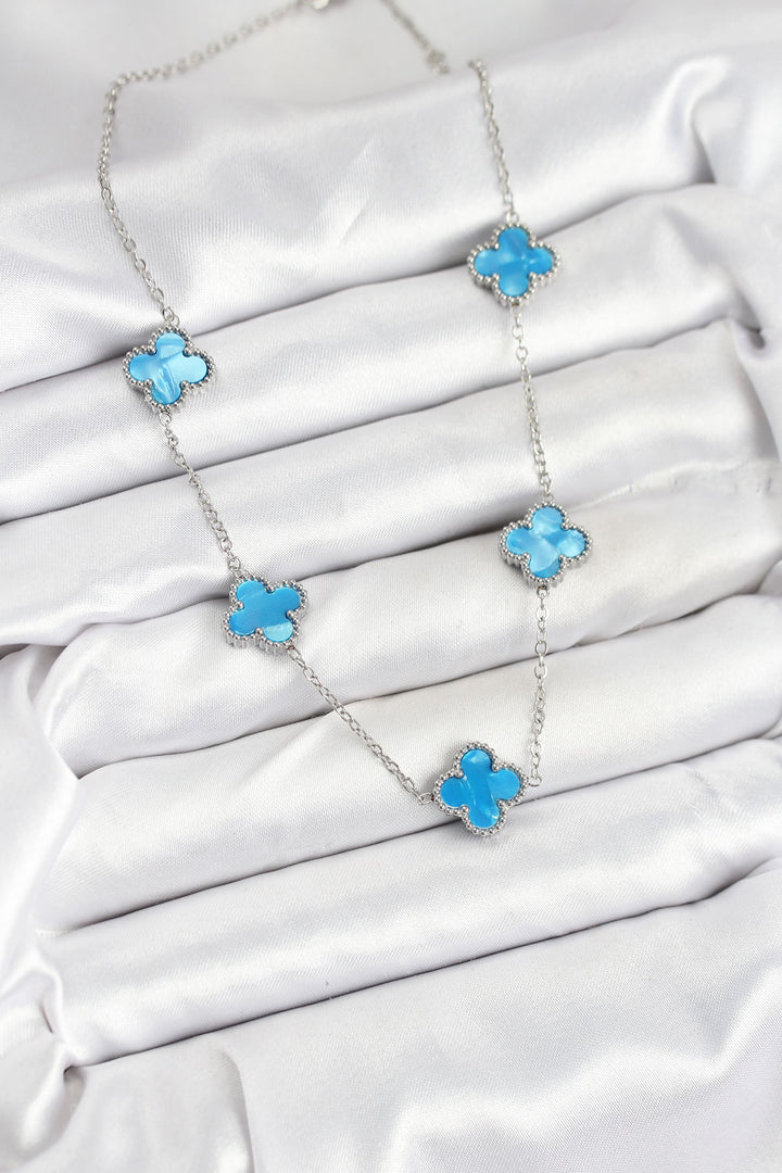 EBJ 316L Steel Chain Silver Ice Blue Color Clover Women's Necklace - Marseille