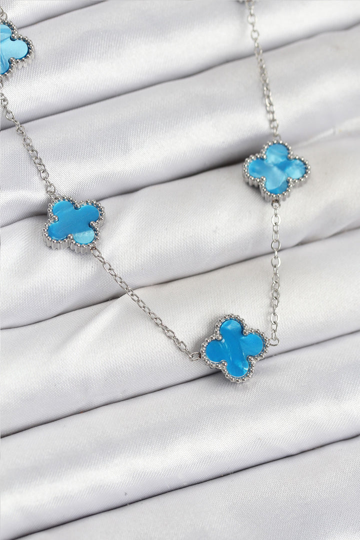 EBJ 316L Steel Chain Silver Ice Blue Color Clover Women's Necklace - Marseille