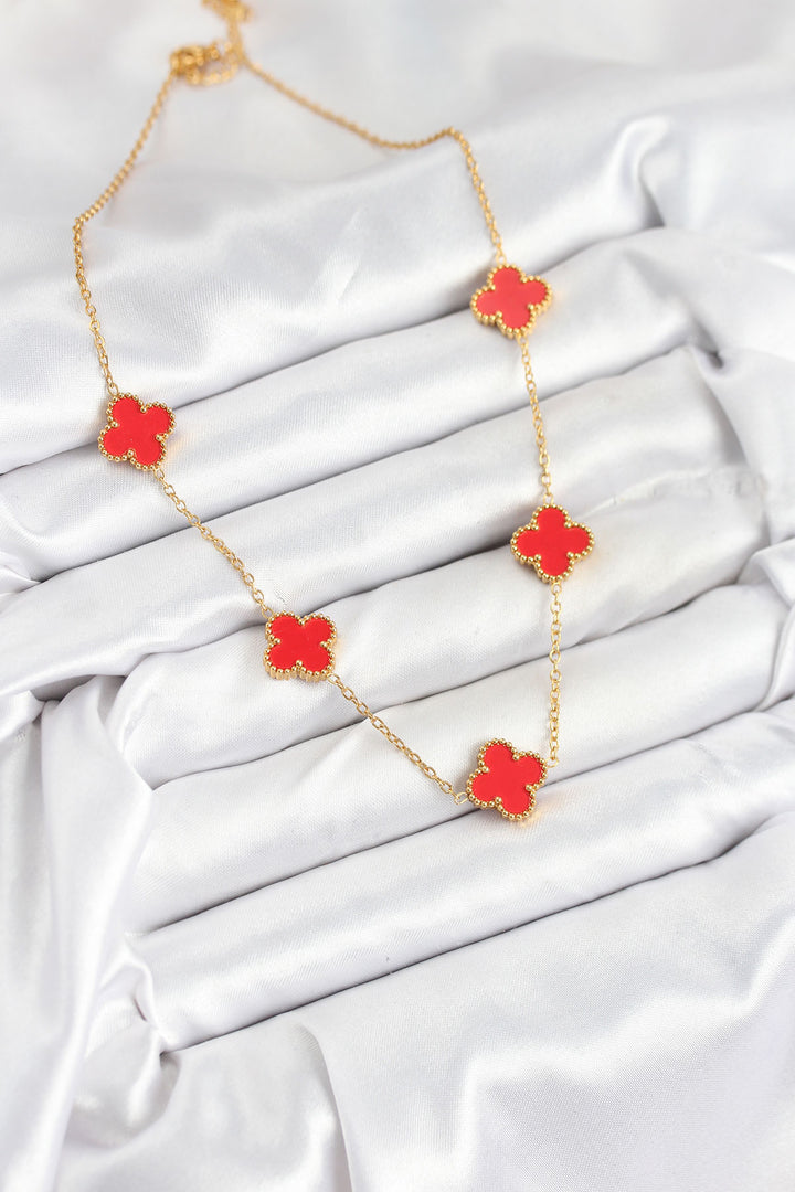 EBJ 316L Çelik Zincir Gold Kırmızı Renk Yonca Kadın Kolye - Birmingham