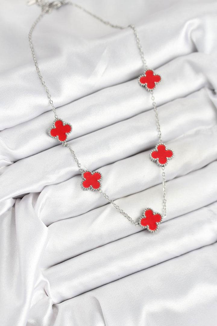 EBJ 316L Stainless Steel Chain Silver Red Color Clover Women Necklace - Stafford