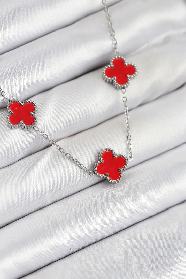 EBJ 316L Stainless Steel Chain Silver Red Color Clover Women Necklace - Stafford