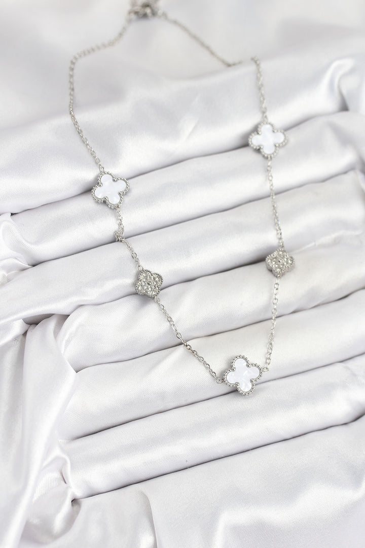 EBJ 316L Stainless Steel Chain Silver Color White and Zircon Stone Clover Women's Necklace - Gavá