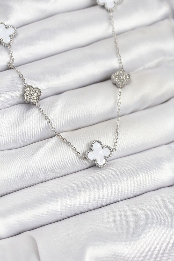 EBJ 316L Stainless Steel Chain Silver Color White and Zircon Stone Clover Women's Necklace - Gavá