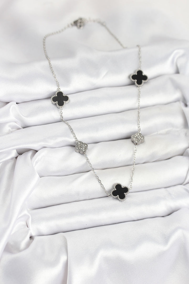 EBJ 316L Stainless Steel Chain Silver Color Black and Zircon Stone Clover Women's Necklace - Lille