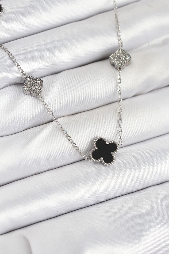 EBJ 316L Stainless Steel Chain Silver Color Black and Zircon Stone Clover Women's Necklace - Lille