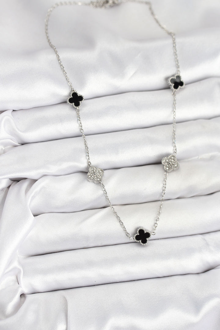 EBJ 316L Stainless Steel Chain Silver Color Black and Zircon Stone Baby Boy Clover Women's Necklace - Barnsley