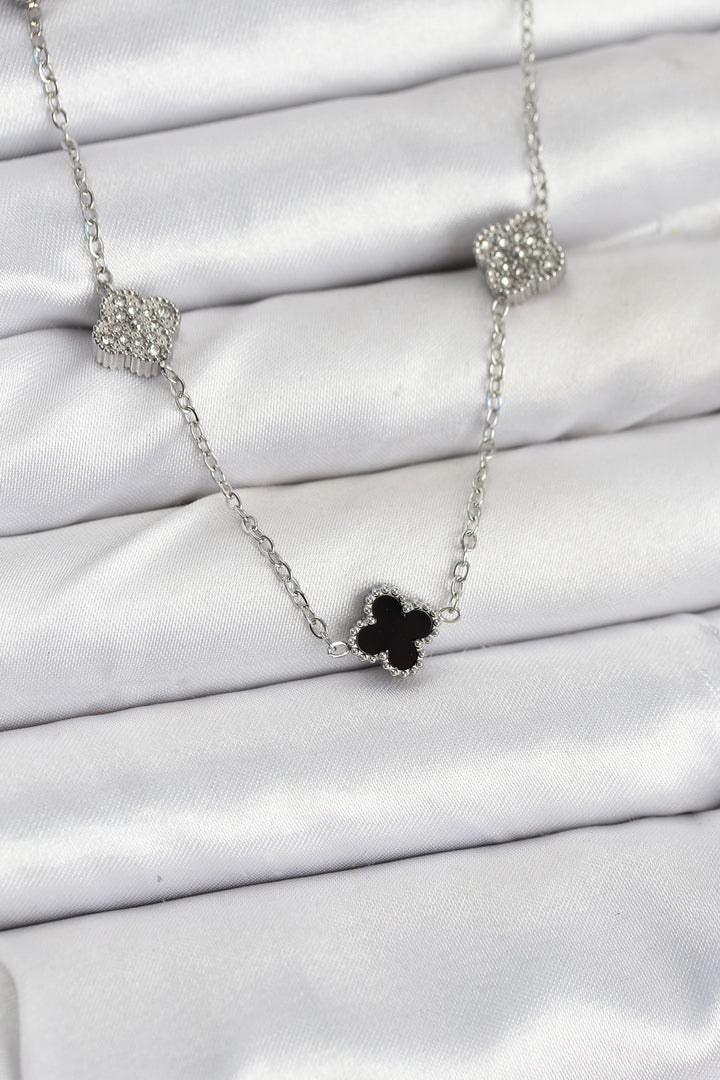 EBJ 316L Stainless Steel Chain Silver Color Black and Zircon Stone Baby Boy Clover Women's Necklace - Barnsley