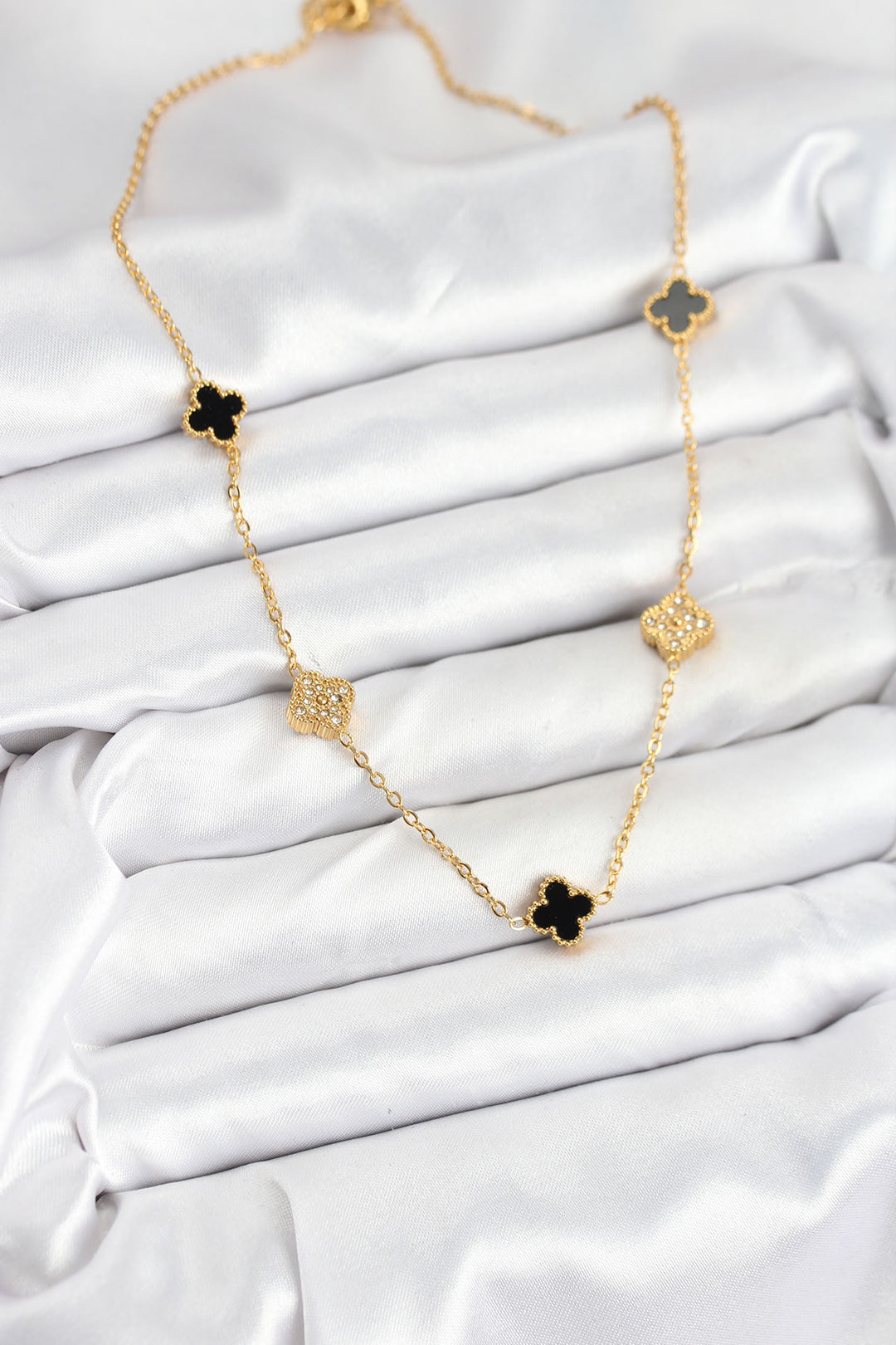 EBJ 316L Steel Chain Gold Color Black and Zircon Stone Baby Boy Clover Women's Necklace - Bagneux