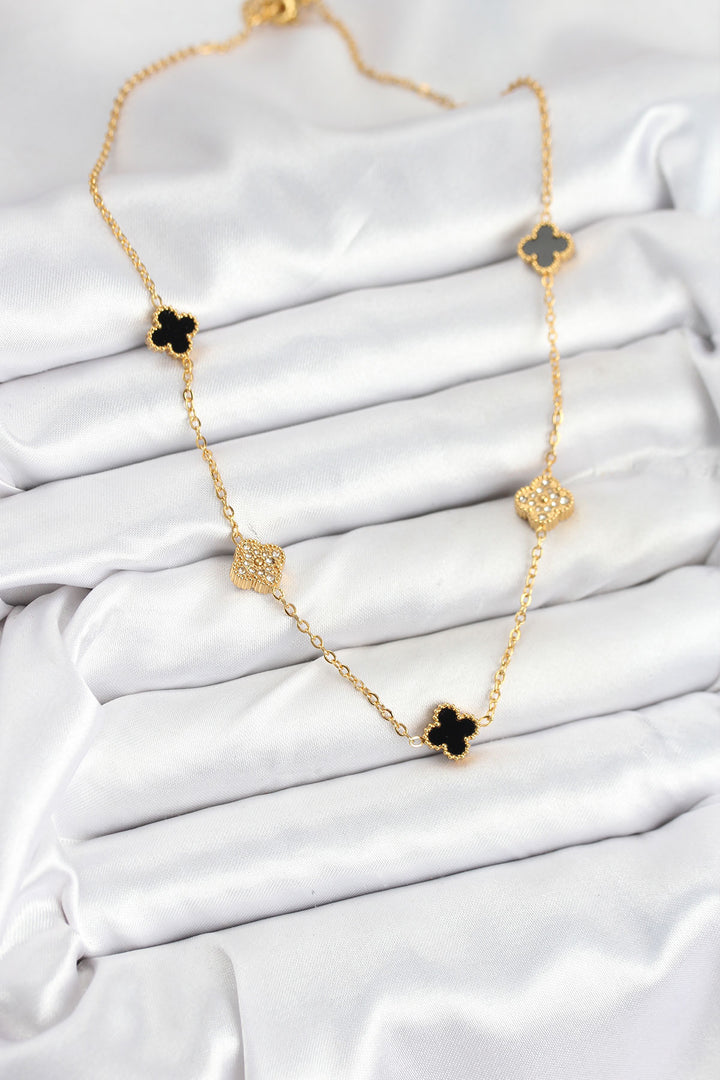 EBJ 316L Steel Chain Gold Color Black and Zircon Stone Baby Boy Clover Women's Necklace - Bagneux