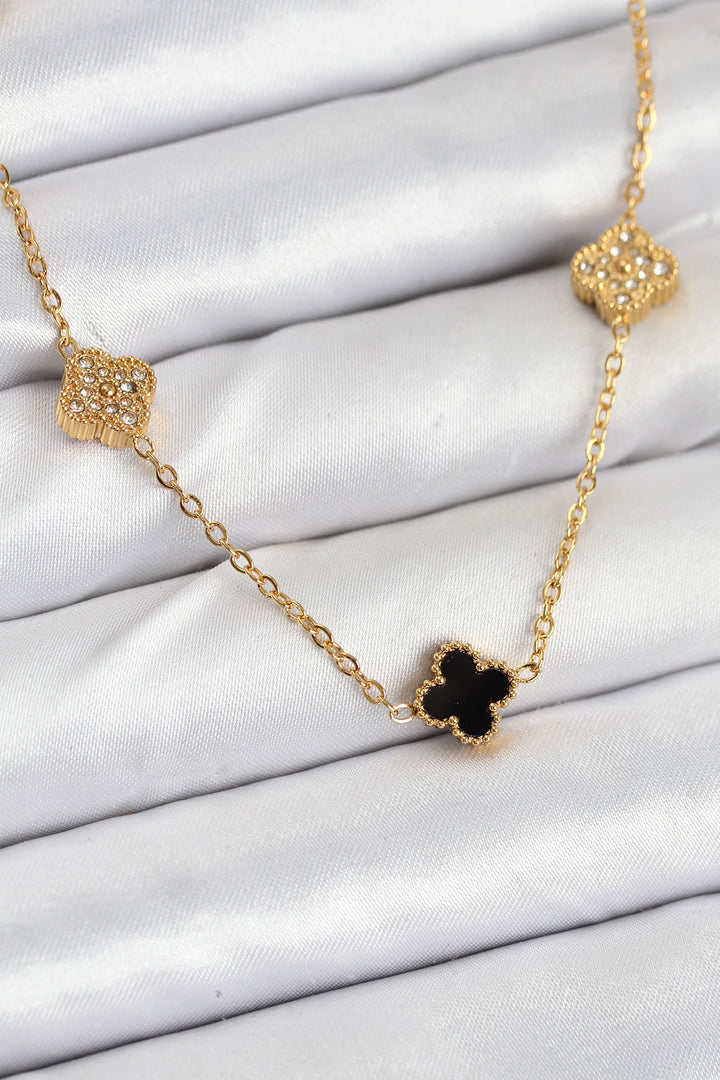 EBJ 316L Steel Chain Gold Color Black and Zircon Stone Baby Boy Clover Women's Necklace - Bagneux