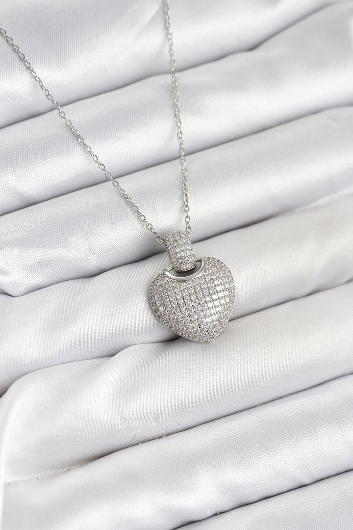 EBJ 316L Stainless Steel Chain Silver Color Zircon Stone Heart Shaped Women's Necklace - Ciudad Lerdo