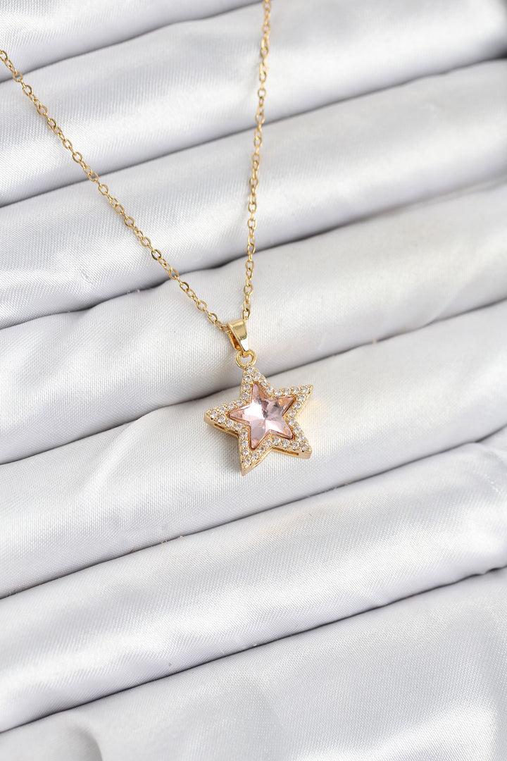 EBJ 316L Stainless Steel Chain Pink Stone Star Model Women's Necklace - Garland
