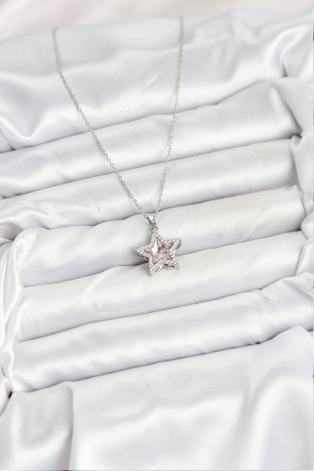 EBJ 316L Çelik Zincir Gümüş Renk Pembe Taşlı Yıldız Model Kadın Kolye - Le Cannet