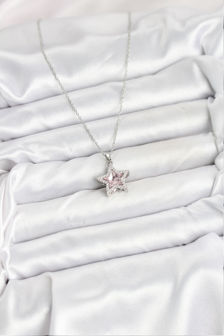 EBJ 316L Çelik Zincir Gümüş Renk Pembe Taşlı Yıldız Model Kadın Kolye - Le Cannet