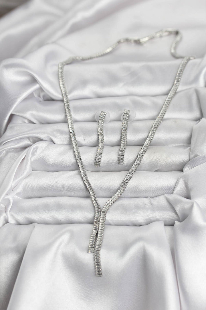 EBJ Silver Color Baguette Zircon Stone Women's Necklace Earring Set - Bragadiru