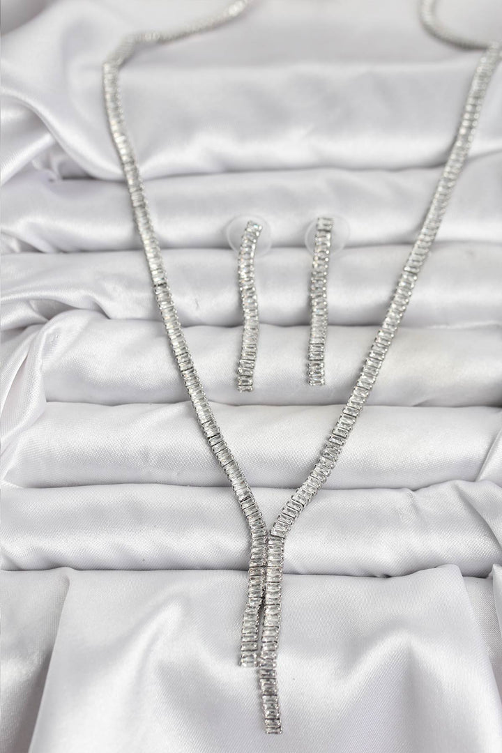 EBJ Silver Color Baguette Zircon Stone Women's Necklace Earring Set - Bragadiru