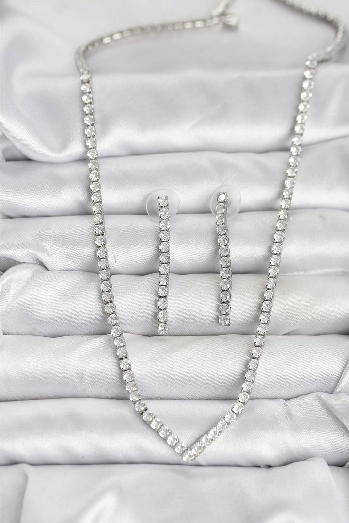 EBJ Silver Color Zircon Stone Women's Necklace Earring Set - Savona