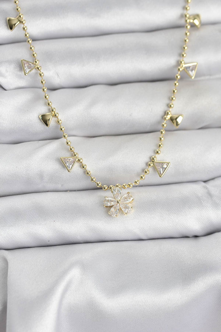 EBJ Pirinç Gold Renk Zirkon Taşlı Çiçek Model Kadın Kolye - Sutton