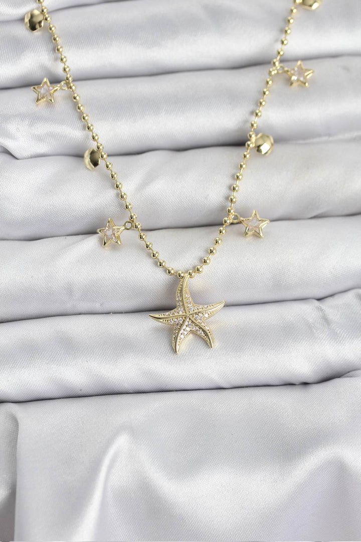EBJ Rice Gold Color Zircon Stone Starfish Model Women's Necklace - Norman