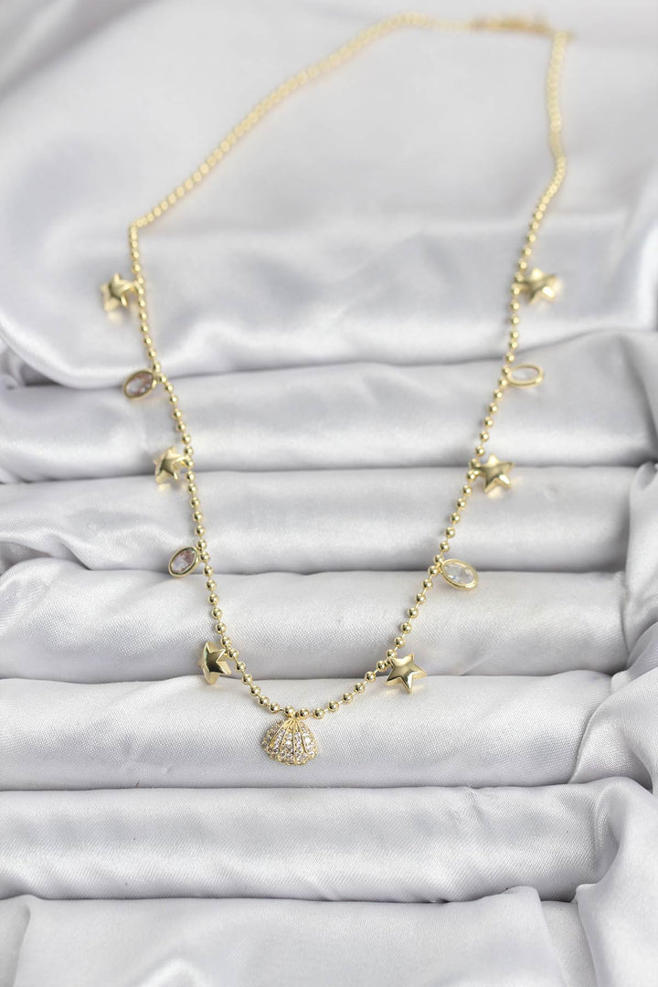 EBJ Pirinç Gold Renk Zirkon Taşlı Deniz Kabuğu Model Kadın Kolye - Flower Mound