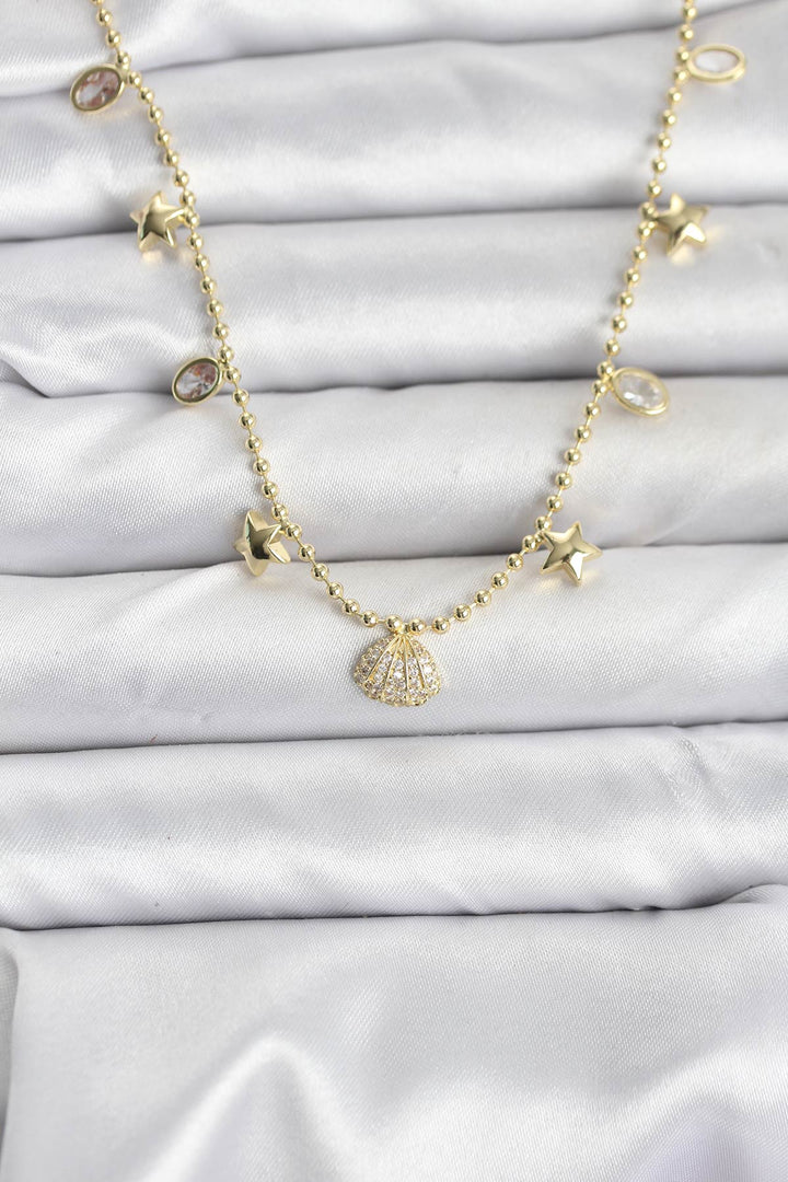 EBJ Pirinç Gold Renk Zirkon Taşlı Deniz Kabuğu Model Kadın Kolye - Flower Mound