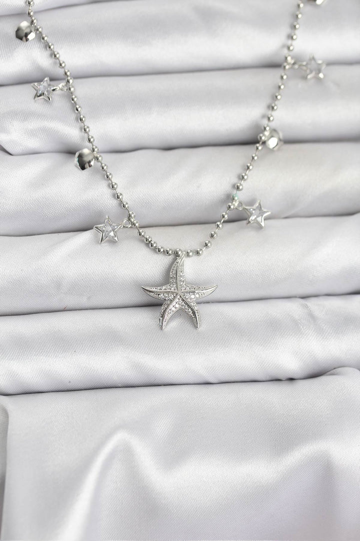 EBJ Rice Silver Color Zircon Stone Starfish Model Women's Necklace - Colton