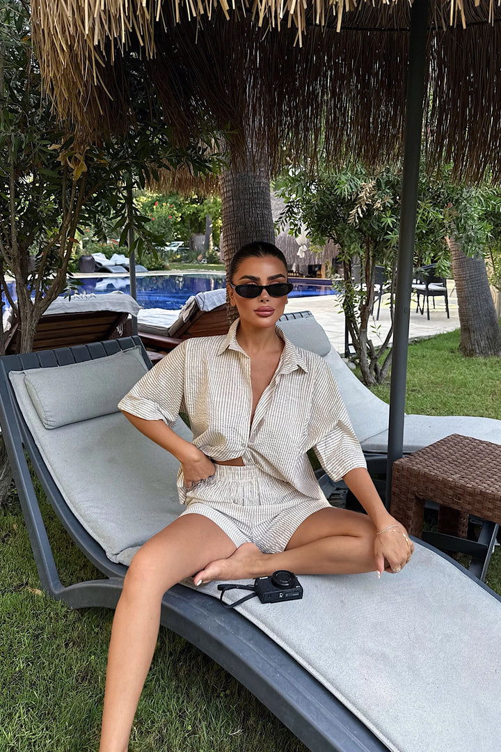 EYY Women Beige Striped Shorts Set - Newark