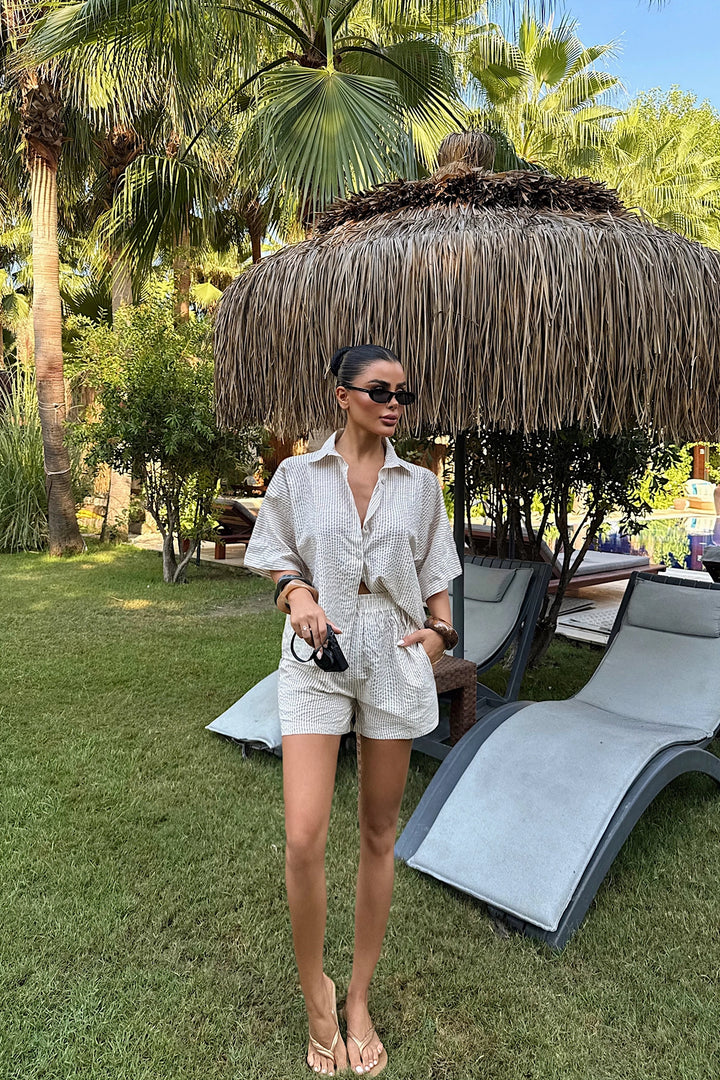 EYY Women Beige Striped Shorts Set - Newark