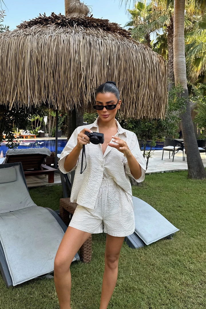 EYY Women Beige Striped Shorts Set - Newark