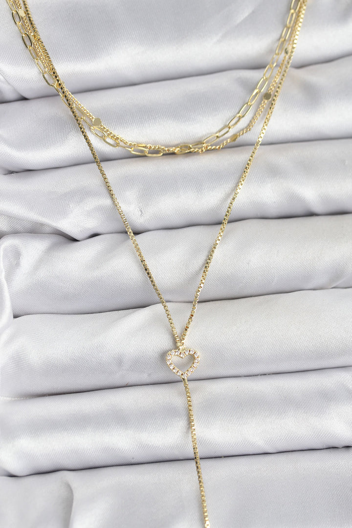 EBJ Pirinç Gold Renk Kalp Detaylı 3'lü Kombin Y Kadın Kolye - Ixtlahuaca