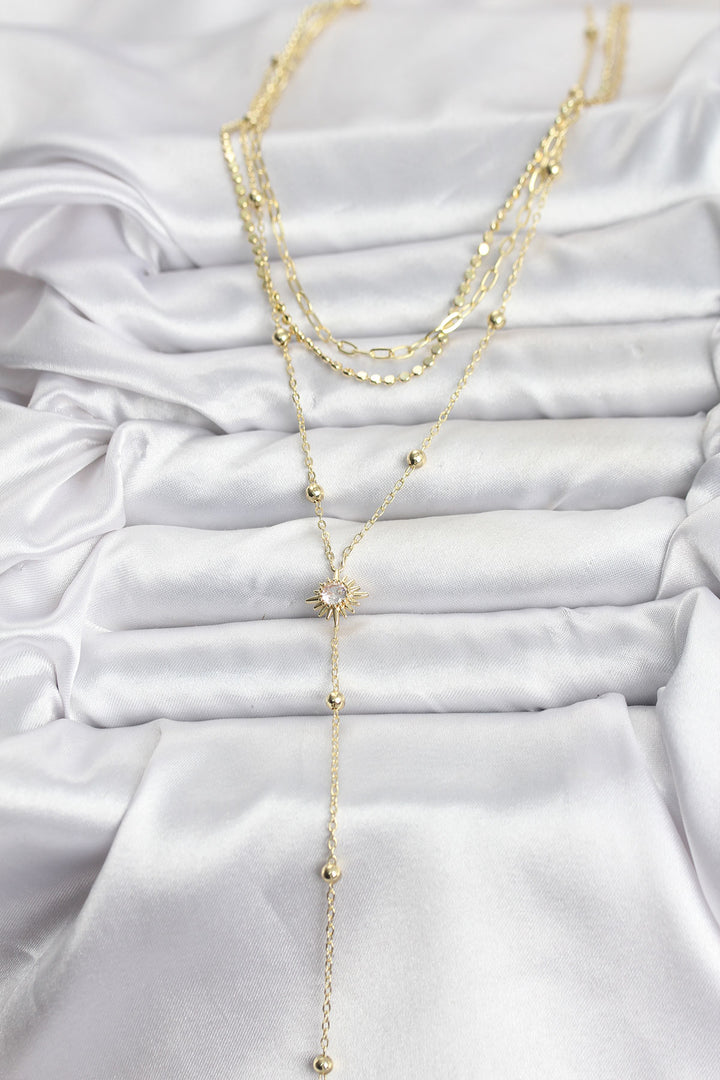 EBJ Pirinç Gold Renk Güneş Model Detaylı 3'lü Kombin Y Kadın Kolye - Aversa