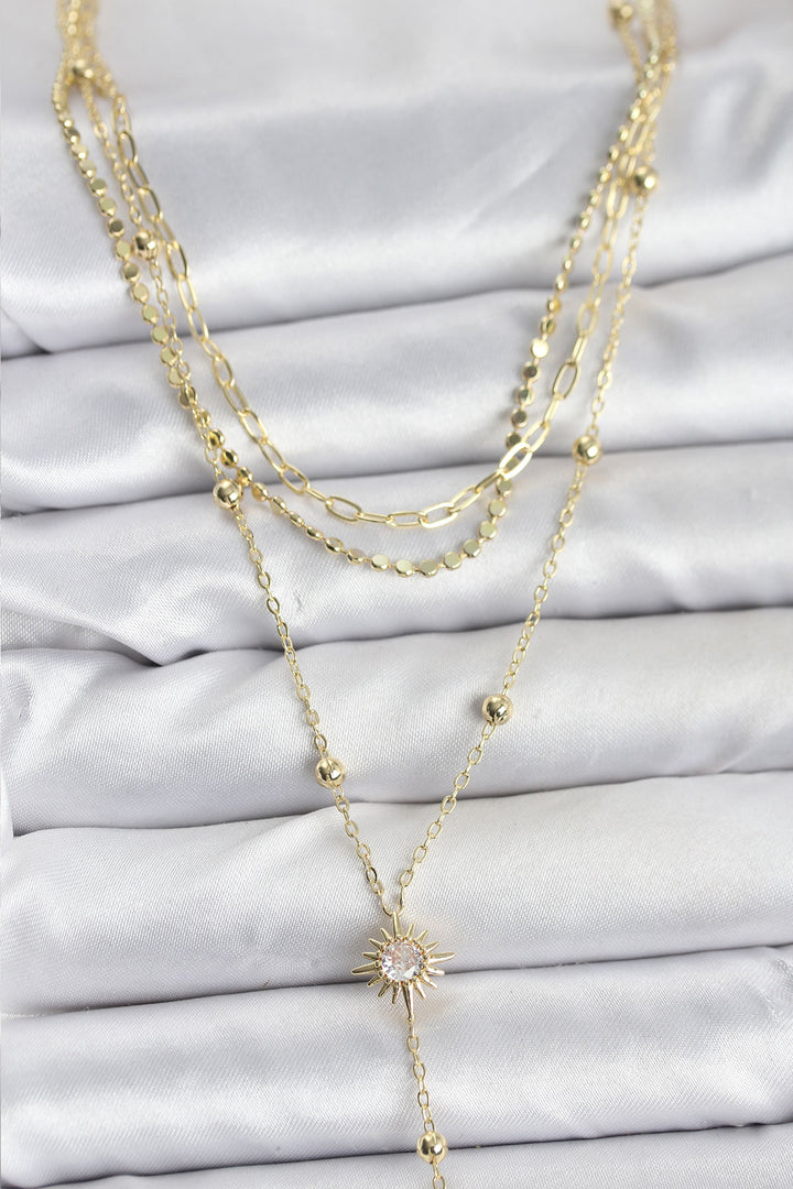 EBJ Pirinç Gold Renk Güneş Model Detaylı 3'lü Kombin Y Kadın Kolye - Aversa