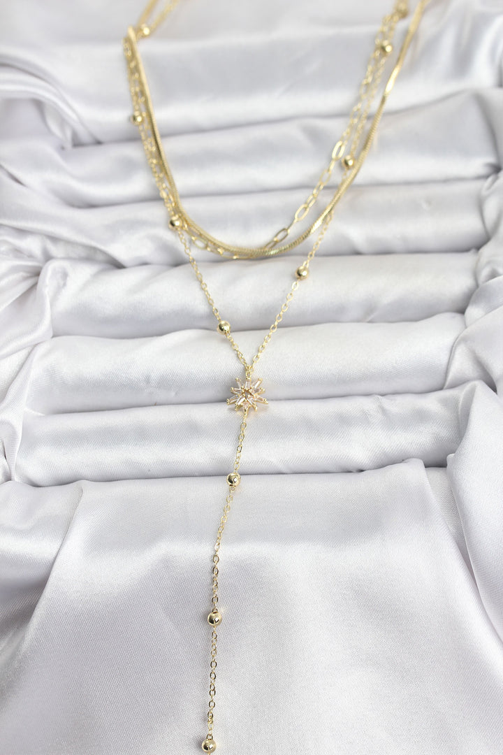 EBJ Pirinç Gold Renk Kutup Yıldızı Model Detaylı 3'lü Kombin Y Kadın Kolye - New Bedford