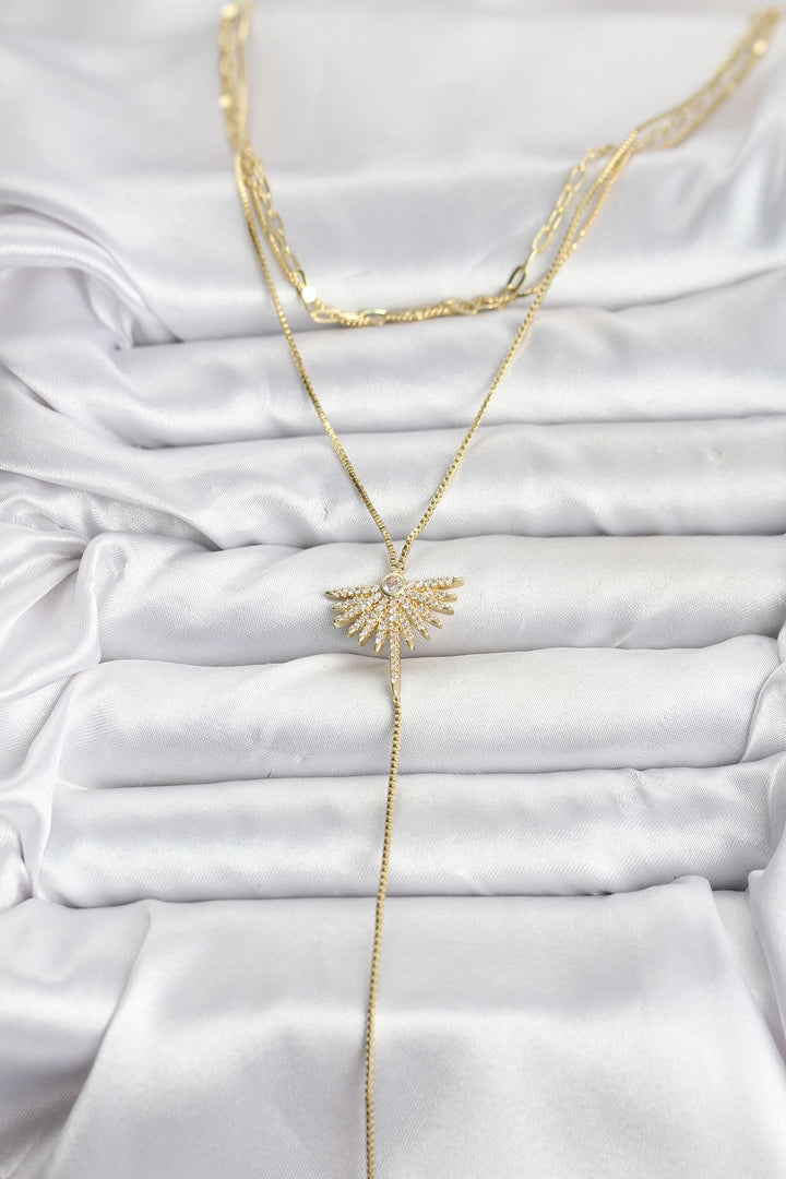 EBJ Rice Gold Color Fan Model Detailed 3-Piece Set Y Women's Necklace with Zircon Stone - Lissone