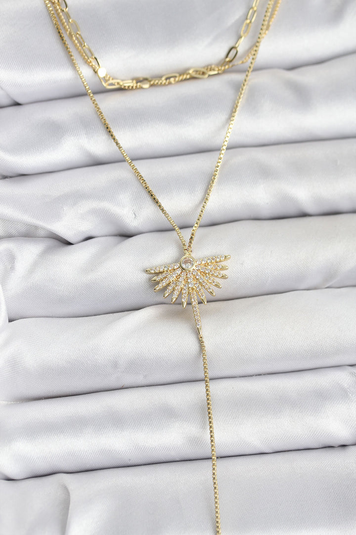 EBJ Rice Gold Color Fan Model Detailed 3-Piece Set Y Women's Necklace with Zircon Stone - Lissone