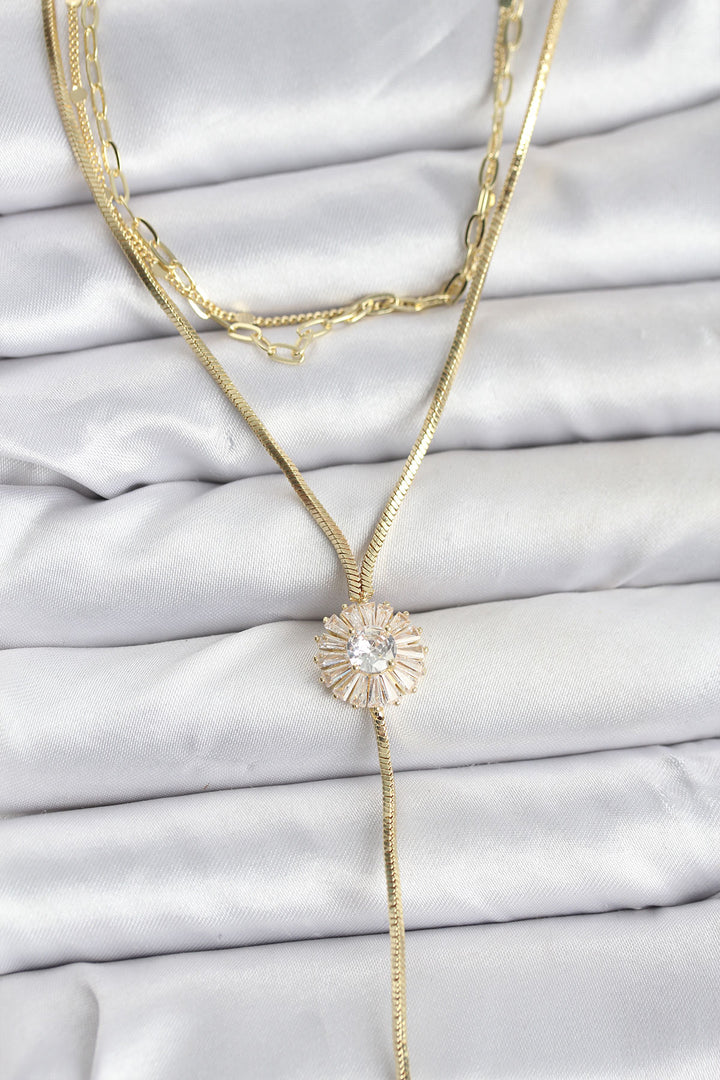 EBJ Rice Gold Color Zircon Stone Daisy Model Detailed 3-Piece Set Y Women's Necklace - Ettlingen