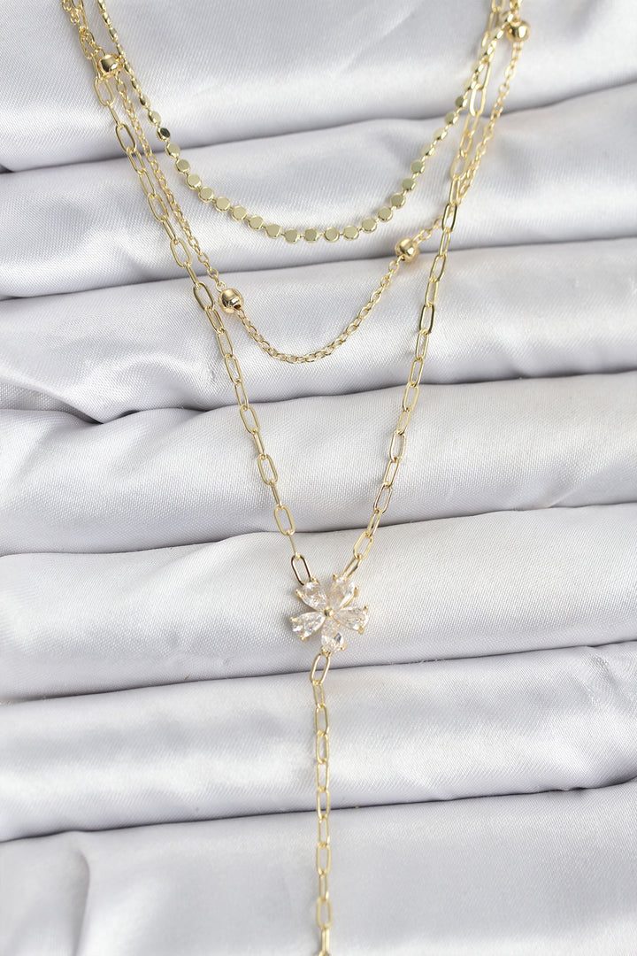 EBJ Pirinç Gold Renk Zirkon Taşlı Çiçek Model Detaylı 3'lü Kombin Y Kadın Kolye - Yenakiieve