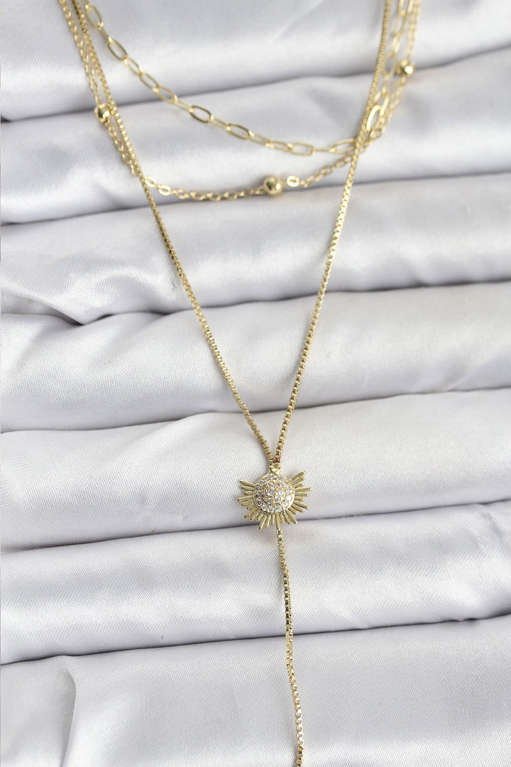 EBJ Pirinç Gold Renk Zirkon Taşlı Güneş Model Detaylı 3'lü Kombin Y Kadın Kolye - Trento