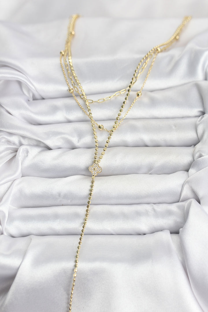 EBJ Rice Gold Color Clover Model Detailed 3-Piece Set Y Women's Necklace with Zircon Stone - Tezoyuca