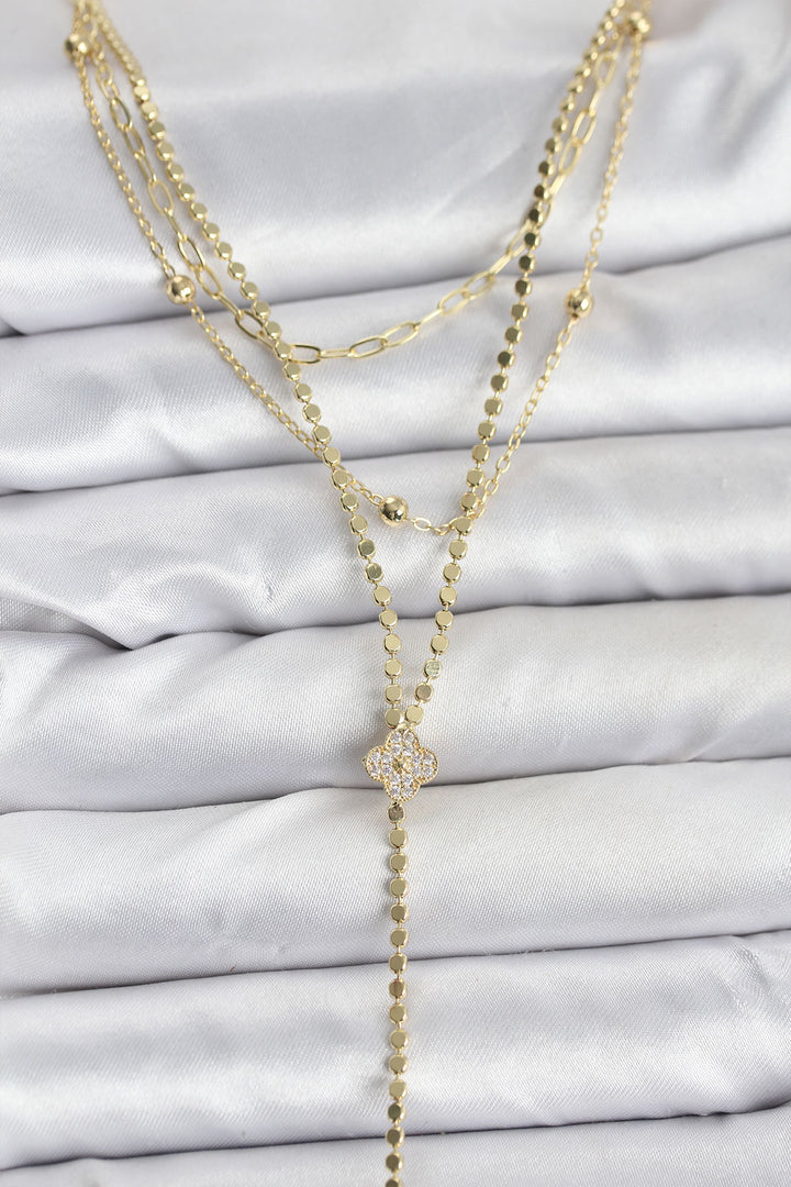 EBJ Rice Gold Color Clover Model Detailed 3-Piece Set Y Women's Necklace with Zircon Stone - Tezoyuca