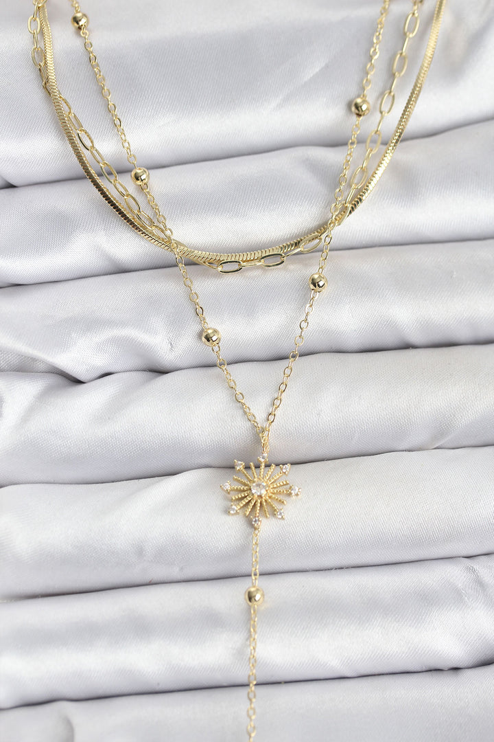 EBJ Pirinç Gold Renk Zirkon Taşlı Model Detaylı 3'lü Kombin Y Kadın Kolye - Narbonne