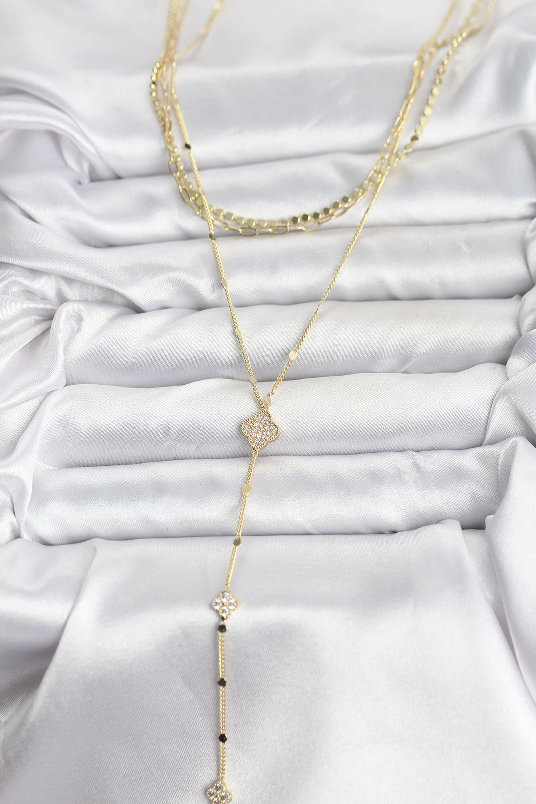 EBJ Rice Gold Color Clover Model Detailed 3-Piece Set Y Women's Necklace with Zircon Stone - Rozzano