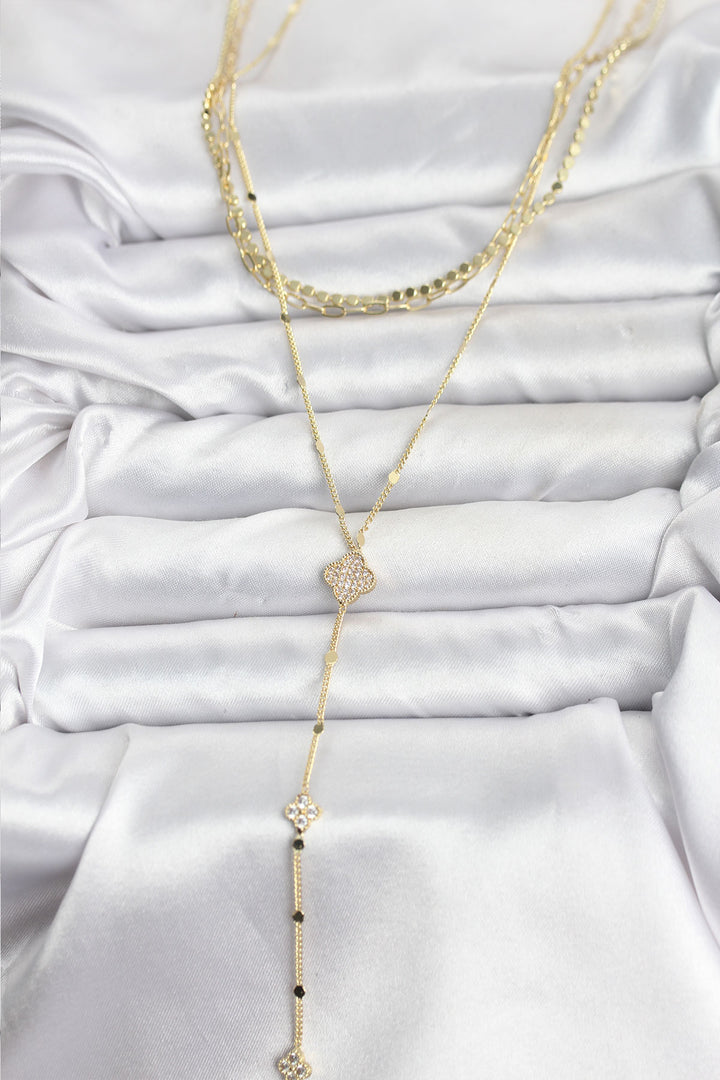 EBJ Rice Gold Color Clover Model Detailed 3-Piece Set Y Women's Necklace with Zircon Stone - Rozzano