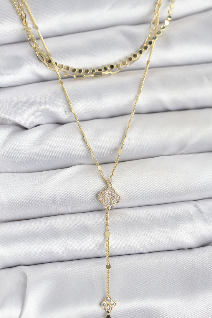 EBJ Rice Gold Color Clover Model Detailed 3-Piece Set Y Women's Necklace with Zircon Stone - Rozzano